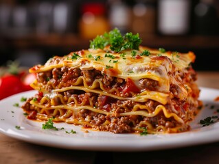 Lasagna Italian Meat Cheese Noodle Close-Up Food Dining Dinner Blurred Background Image	
