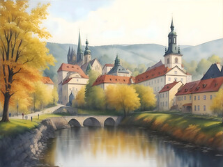Špindlerův Mlýn town Czech Country Landscape Watercolor Illustration Art