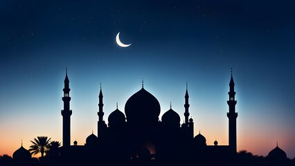 A silhouette of a mosque with a crescent moon in the background
