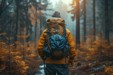 Obraz premium Man, backpack and thinking in outdoor nature for wilderness experience,generative ai