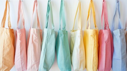 Colorful cotton tote bags hanging on the white wall, pastel color scheme, flat lay photography, wide angle