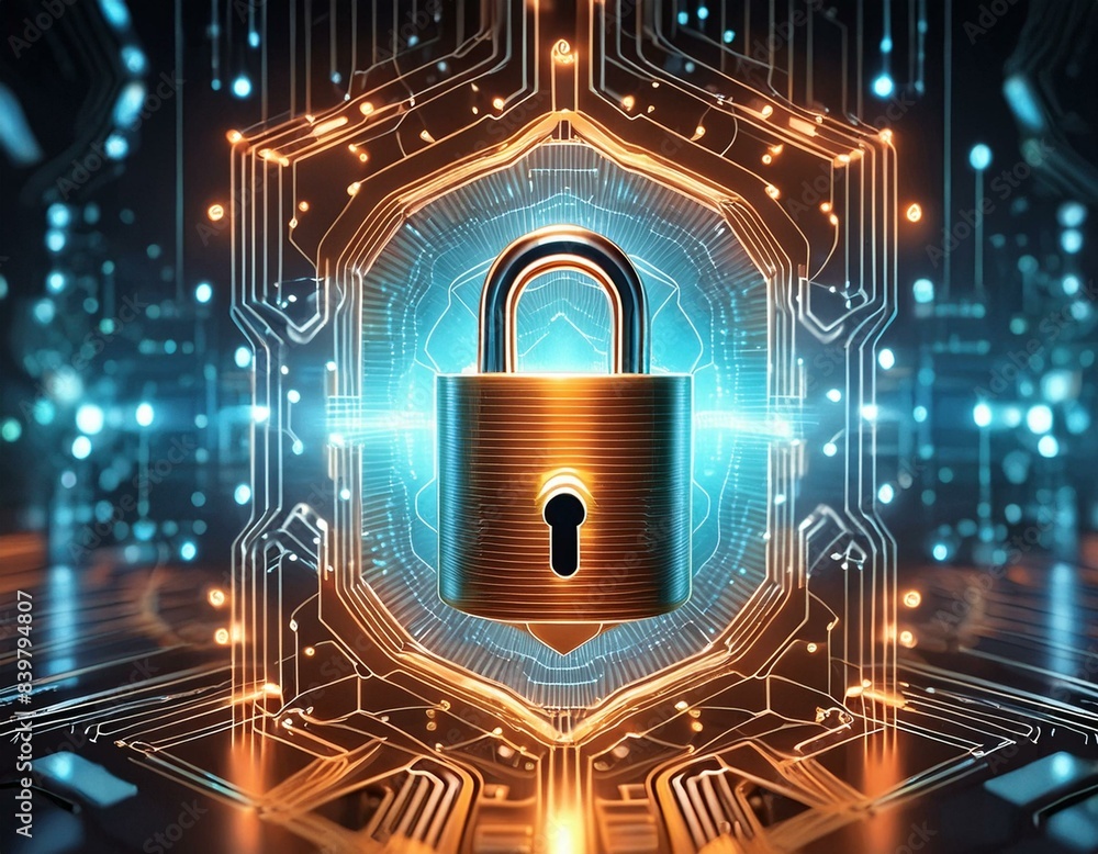 Poster digital illustration of a glowing padlock on a circuit board, symbolizing cybersecurity and data pro