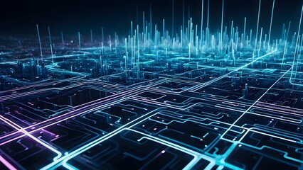 A computer generated image of a city with a blue and purple background