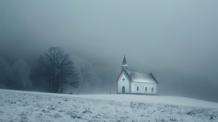 A pastoral scene of a church in a field. Mist and fog lend a mysterious air to the image. Winter snow.