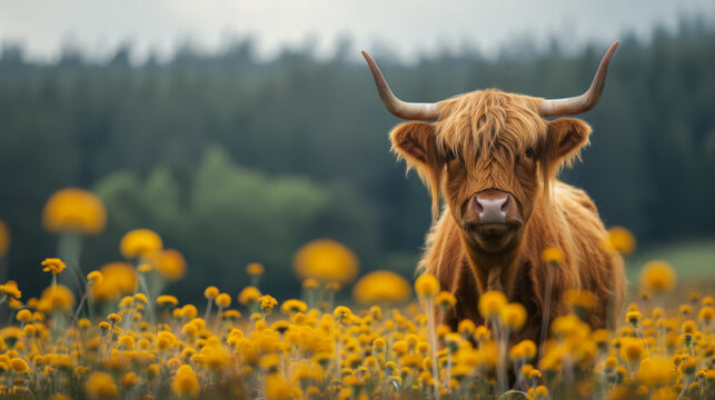 A Scottish Highland cow standing against a beautiful landscape of trees and surrounded by dandelions. Copy space.