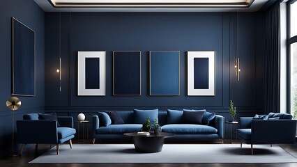 Trendy Blue Minimalist Living Room with Deep Dark Accents - Modern Lounge Mockup

