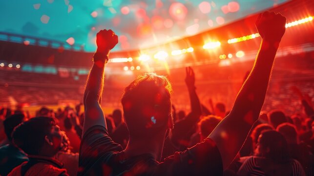 A crowd of people cheering at a concert with their arms raised in the air. The stage lights create a vibrant atmosphere.