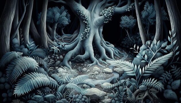 Illustrate the intricate patterns of a towering banyan trees roots