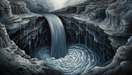 Produce a captivating interpretation of a birds-eye view of a majestic waterfall