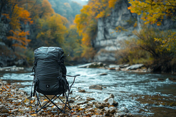 Backpack and a foldable chair set by a river,generative ai