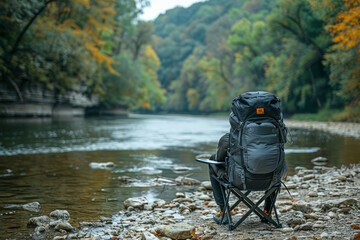 Backpack and a foldable chair set by a river,generative ai