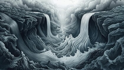 Produce a captivating interpretation of a birds-eye view of a majestic waterfall