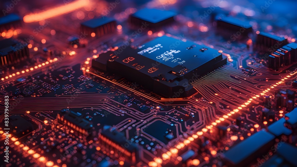 Poster a computer chip is shown in a close up of its circuitry