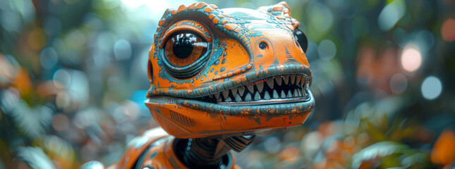 A robotic dinosaur or lizard pet toy with a smiling expression, mixed with 3D digital illustration and matte painting.generative ai