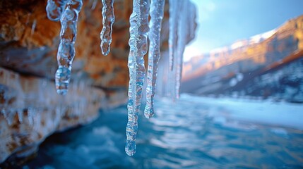 Stunning close-up of clear icicles hanging from a cliff with a blurred background showcasing a frozen river and distant snow-covered mountains - Powered by Adobe