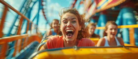 Obraz premium Woman laughing on a rollercoaster ride with friends.