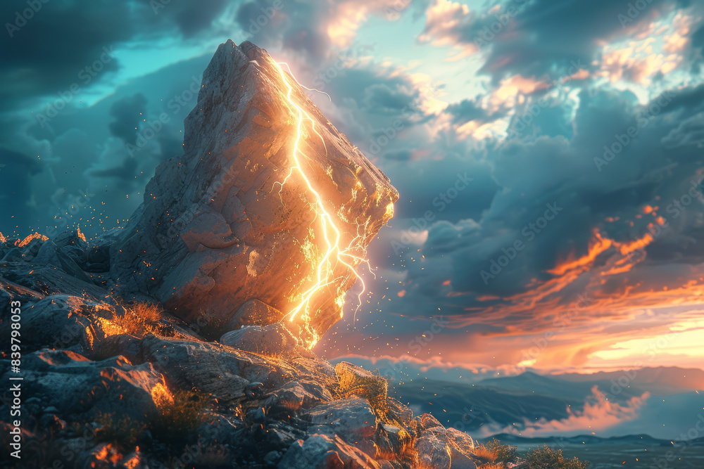 Poster a swift lightning bolt striking a solid rock. concept of energy vs. stability. generative ai.