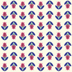 Pink Tulips with Blue Leaves Pattern Seamless Repeat
