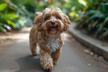 A small, curly-haired dog joyfully walking on a paved path surrounded by lush green plants in a serene outdoor setting on a sunny day - Powered by Adobe