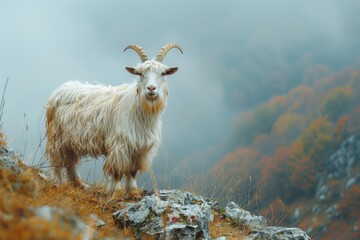 Obraz premium A majestic long-haired mountain goat standing on a rocky outcrop amidst misty surroundings and autumn foliage, emanating an aura of serenity and wilderness