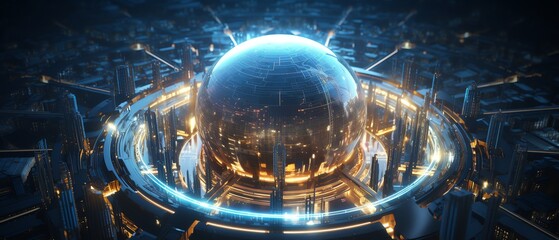 A futuristic microchip featuring a glowing globe at its center, surrounded by intricate circuitry and holographic data elements, set against a dark, hightech background