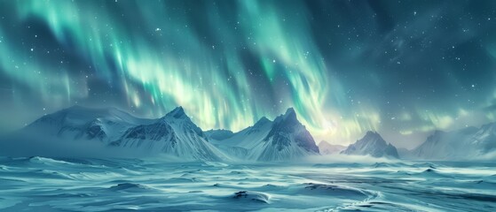 Vibrant aurora borealis over snowy landscape, mystical night, cool tones, copy space