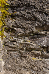 wall made of old stone overgrown with plants and moss
