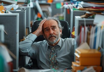 Obraz premium A middle-aged man in a cubicle, loosening his tie and hand rubbing his temples or head, surrounded by office clutter.