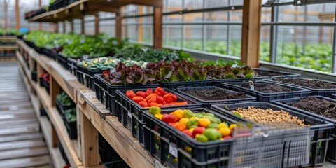 A vivid display of various fresh vegetables like tomatoes, peppers, and greens in crates at a local garden center highlighting sustainable agriculture and fresh produce sourcing