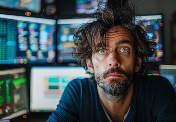 An overworked software developer with messy hair and tired eyes, staring at multiple computer screens with a stressed look