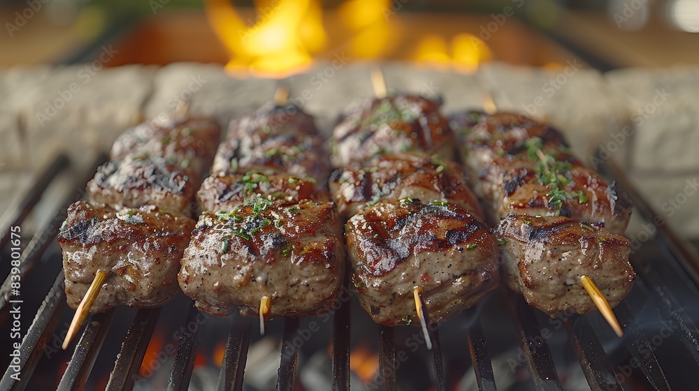 Wall mural juicy and perfectly charred skewered beef steak cubes garnished with fresh herbs grilling on an open