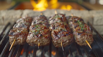 Juicy and perfectly charred skewered beef steak cubes garnished with fresh herbs grilling on an open flame barbecue during a summer cookout