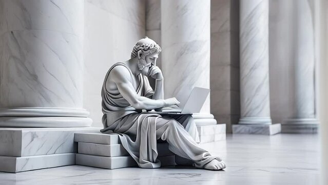 A statue of a classical Greek man sits in a marble hall, using a laptop