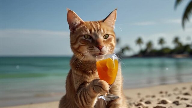 Ginger cat drinks an orange cocktail on a tropical beach.