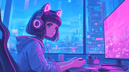 Cute young anime girl with cat-ear headphones playing game in the night room