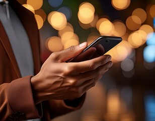 A man uses a mobile phone .,Checking in on texts from clients