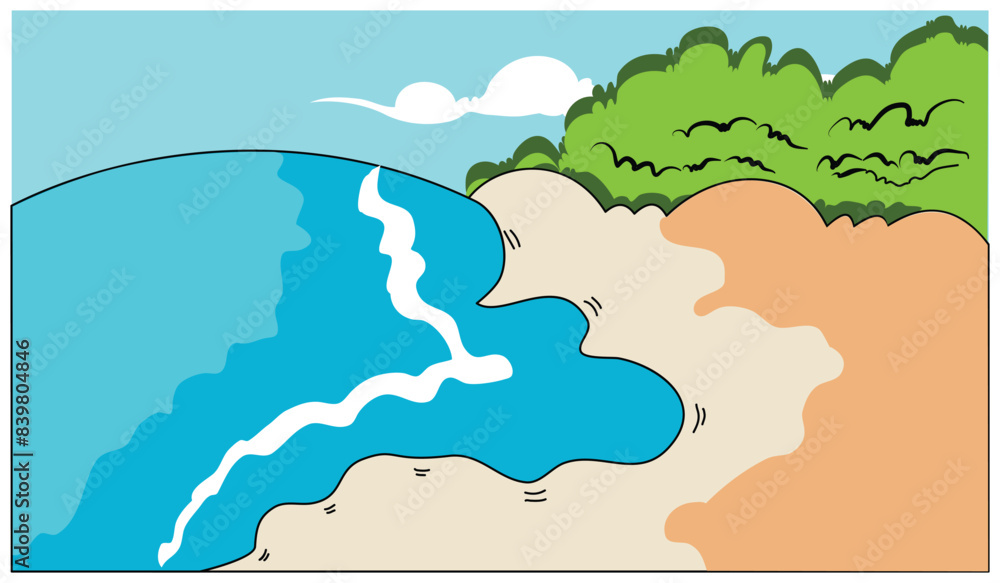 Poster illustration of a beach scene with white sand and a cluster of trees around it. simple beach scene b