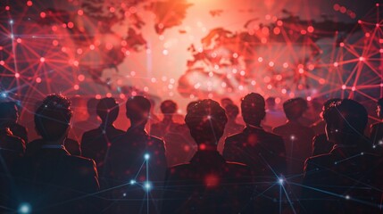 Naklejka premium A digital illustration of a business network, showing a global map with interconnected nodes representing people and different borders in the background. The scene is set in an abstract futuristic