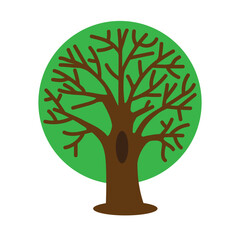 Tree icon design. Brown trunk and branches. Green circular background. Vector illustration.