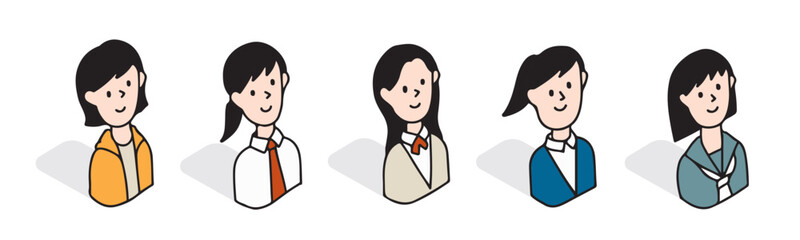 Fototapeta premium 制服を着た女子学生のイラストアイコンセット 中学生・高校生