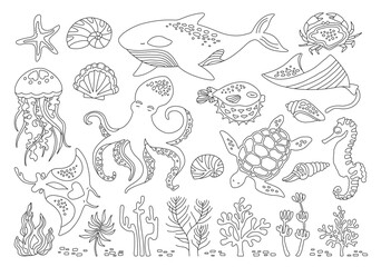 Obraz premium Ocean sea animals doodle outline set. Marine funny comic cartoon design for children jellyfish, seashell and seahorse, fish. Nautical undersea starfish, turtle and octopus, crab, whale, medusa vector