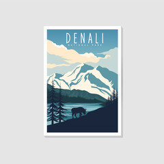 Denali National Park poster illustration, beautiful aurora on the mountain scenery poster design