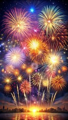 Naklejka premium A colorful fireworks display in the sky with a sunset in the background