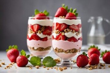 Strawberry Parfait: a layered strawberry parfait in a tall, clear glass. Alternate layers of Greek yogurt, fresh strawberry slices, granola, and a drizzle of honey.