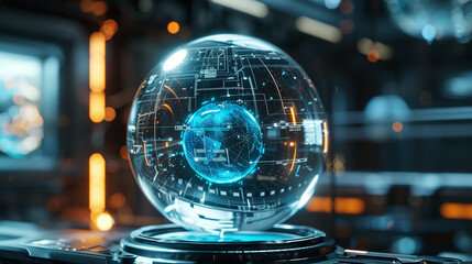 futuristic technology sphere hologram digital data internet connectivity across the globe, tech background wallpaper 