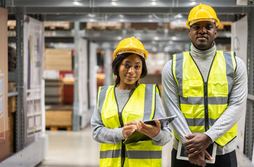 Portrait african american engineer team shipping order detail on tablet export and import,goods,factory,warehouse,international trade,transportation,cargo ship,logistic,distribution.business industry