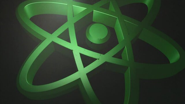3D atom classic symbol, green, passing through a thick, dirty atmosphere, smooth 3D revolving motion, dramatic light, realistic look and feel, front view, close-up, smooth slow-motion CG animation 4K.