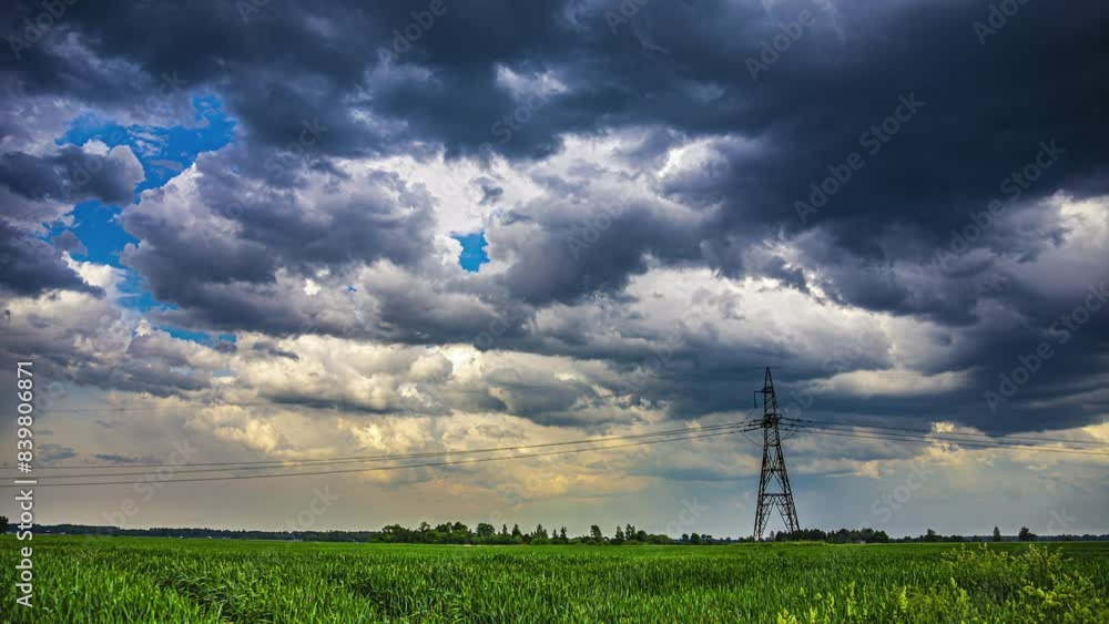 Poster grey clouds over rural power grid system electricity lines in open field