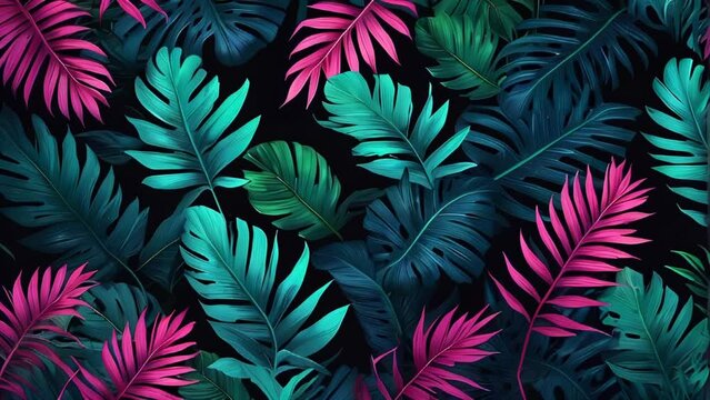 Animated tropical leaves in shades of blue, green, and pink, background, neon colors