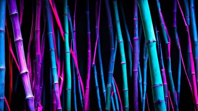 A close up of bamboo stalks illuminated in neon blue and purple, background